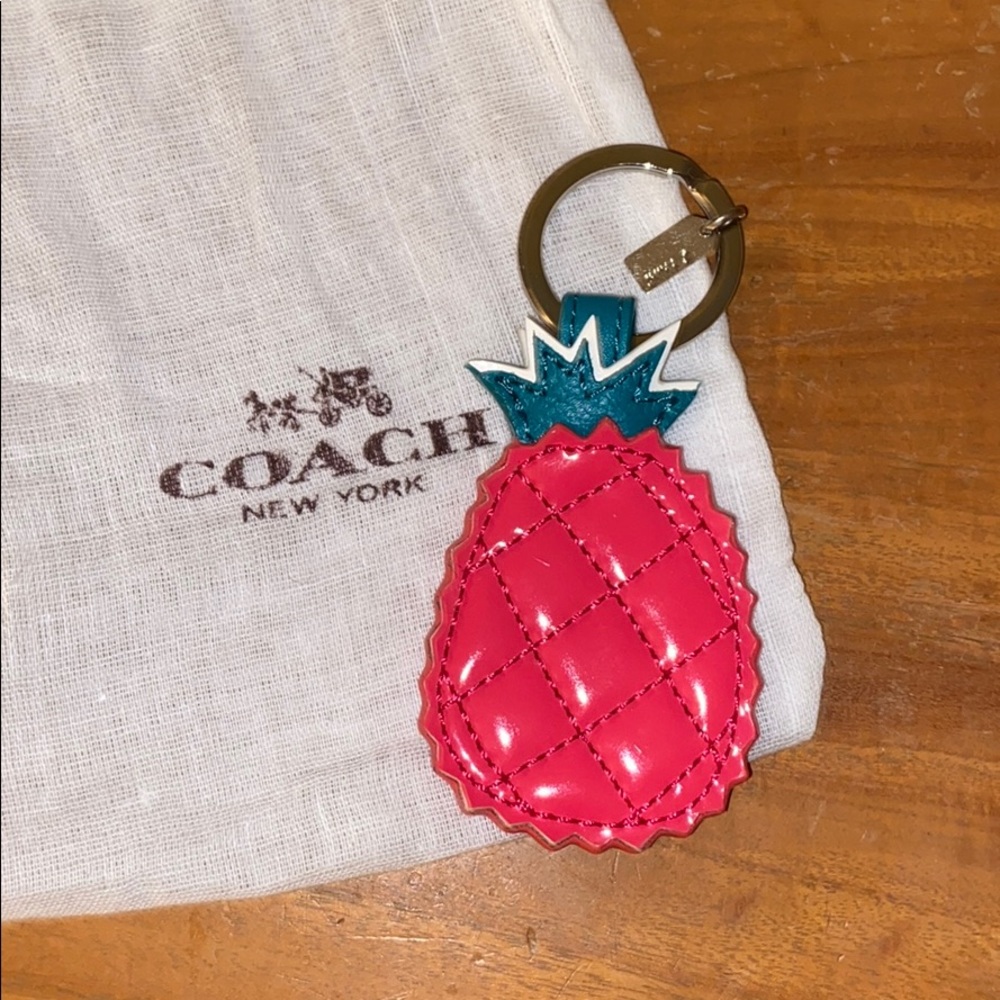 Coach F69541 Pineapple Patent Leather Keychain key ring fob pink green NWOT